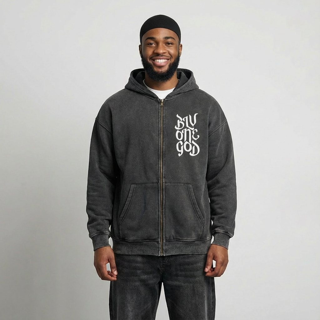 Snow Washed Zip-Through Fleece Hoodie
