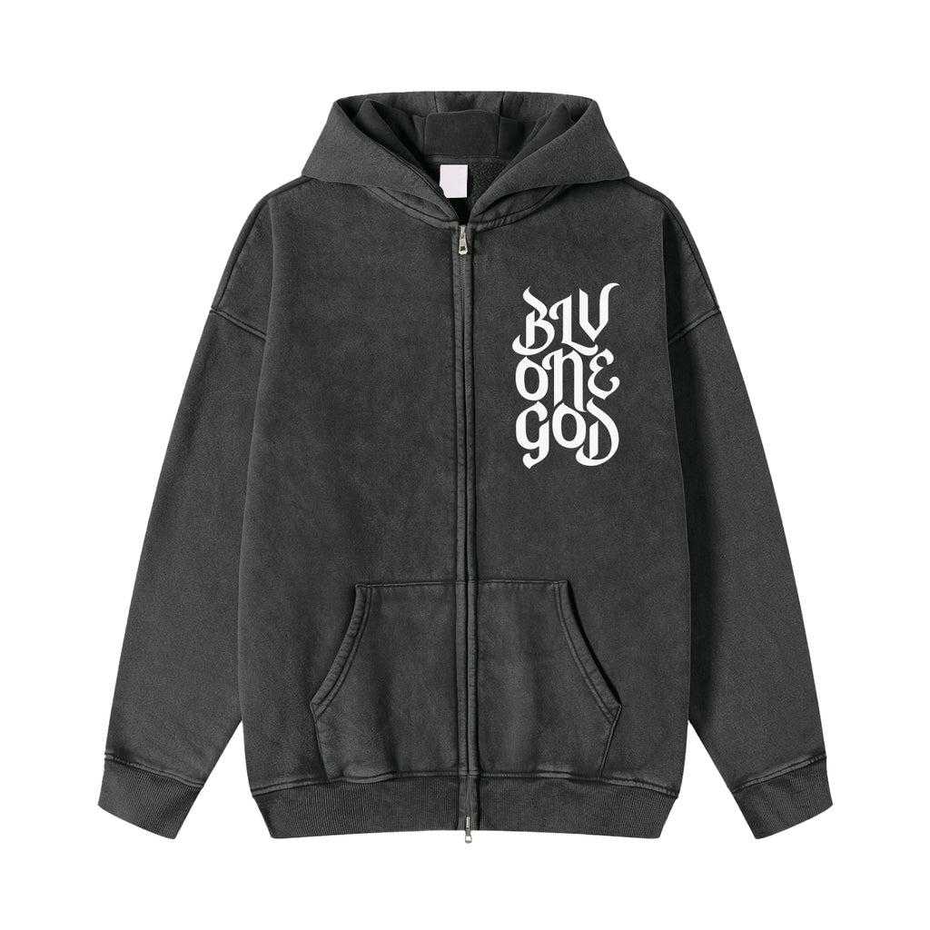Snow Washed Zip-Through Fleece Hoodie