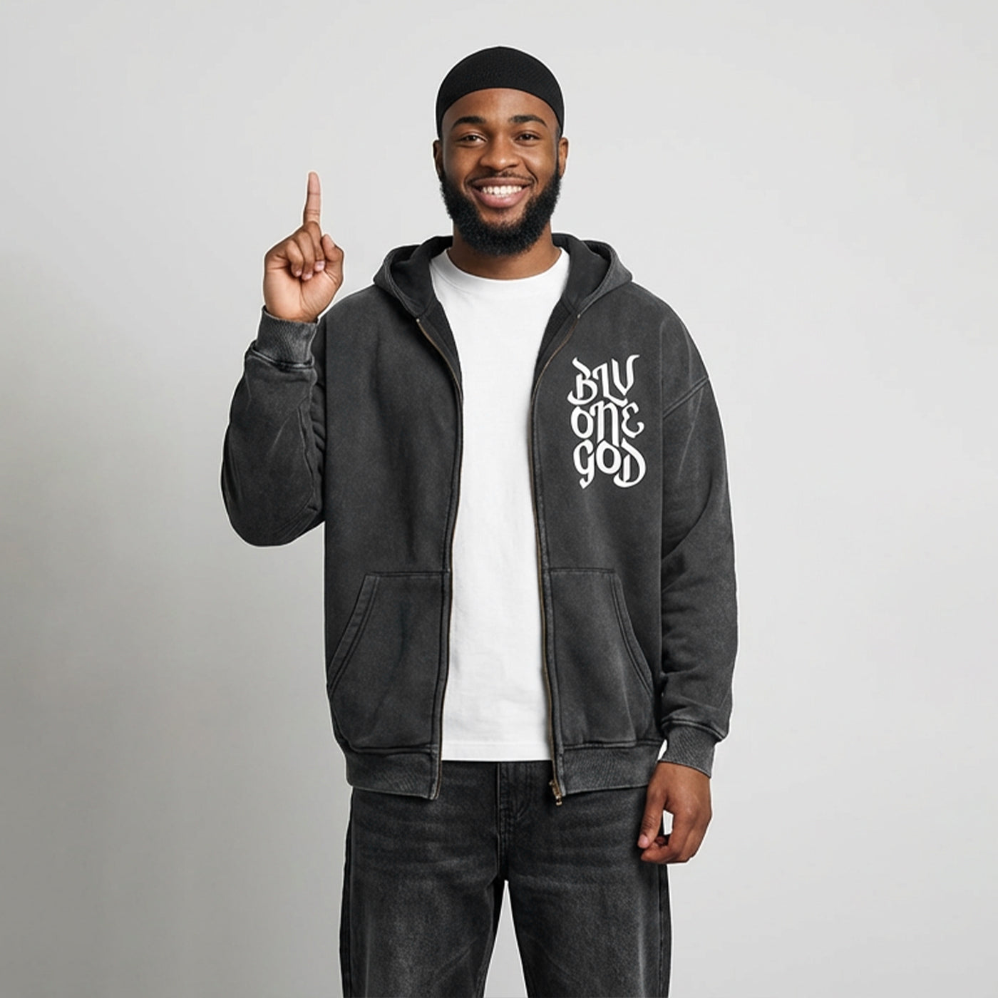 Snow Washed Zip-Through Fleece Hoodie